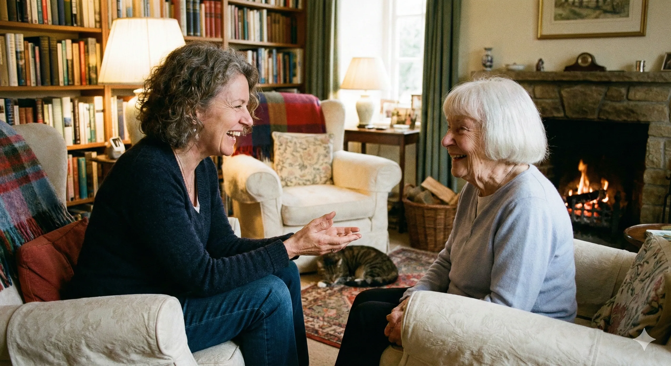 A writer and client sharing a warm conversation by a fireplace, surrounded by bookshelves