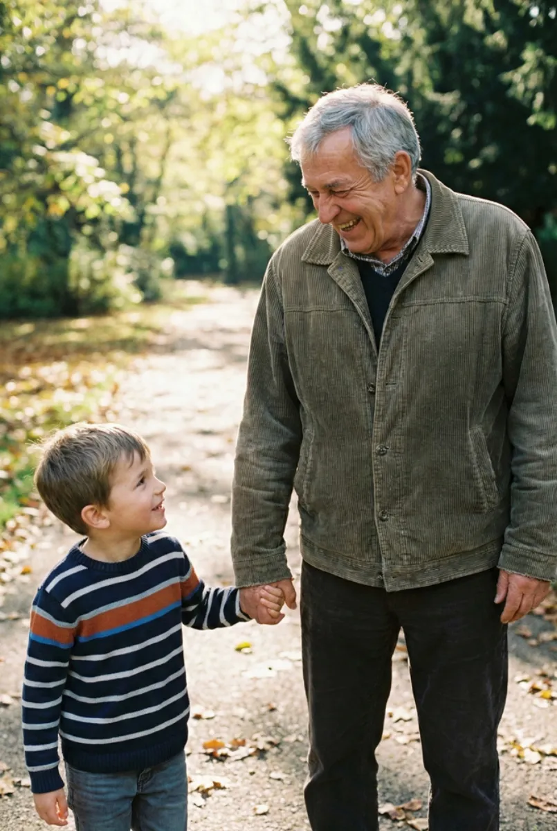 Grandfather and young grandson holding hands and smiling on an autumn walk