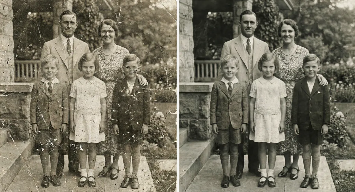 Before and after: a damaged 1930s family portrait with scratches and fading on the left, professionally restored on the right
