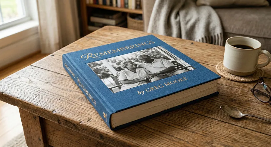 A finished hardcover memoir book on a coffee table